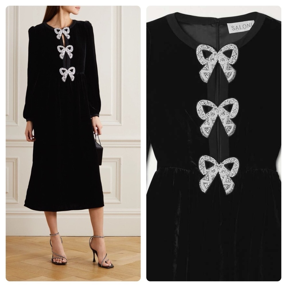 New Saloni Camille Cutout Bow Embellished Velvet Dress